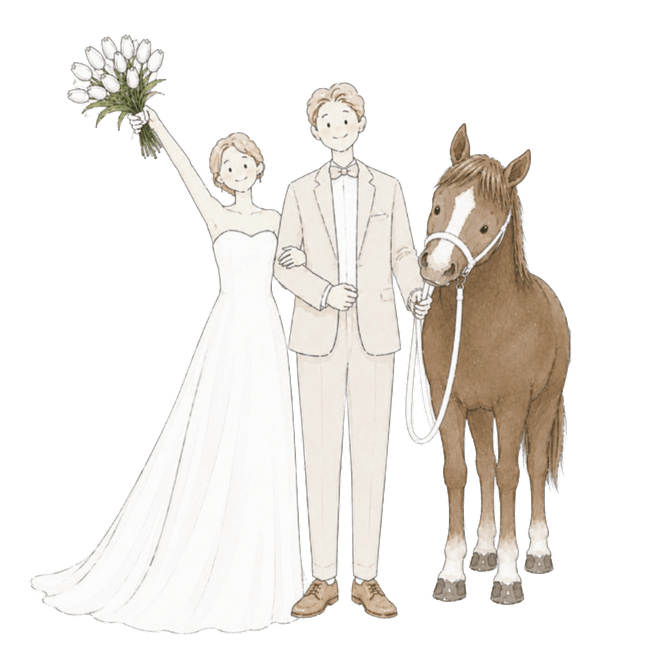 Iván y Romi ilustrados, con el ramo y un caballo